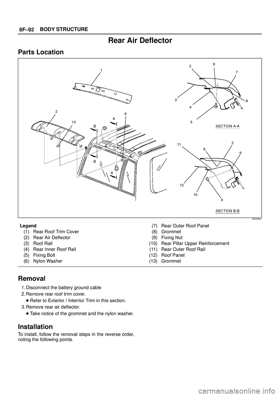 ISUZU TROOPER 1998  Service Repair Manual 8F±92BODY STRUCTURE
Rear Air Deflector
Parts Location
667RW001
Legend
(1) Rear Roof Trim Cover
(2) Rear Air Deflector
(3) Roof Rail
(4) Rear Inner Roof Rail
(5) Fixing Bolt
(6) Nylon Washer(7) Rear O