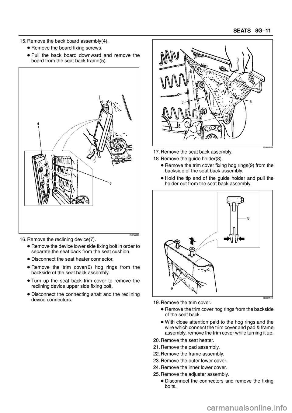 ISUZU TROOPER 1998 Service Repair Manual SEATS8G±11
15. Remove the back board assembly(4).
Remove the board fixing screws.
Pull the back board downward and remove the
board from the seat back frame(5).
750RW008
16. Remove the reclining de ISUZU TROOPER 1998 Service Repair Manual SEATS8G±11
15. Remove the back board assembly(4).
Remove the board fixing screws.
Pull the back board downward and remove the
board from the seat back frame(5).
750RW008
16. Remove the reclining de