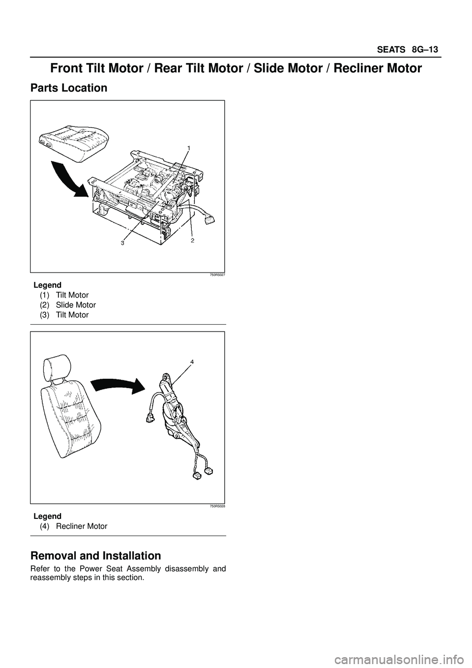 ISUZU TROOPER 1998  Service Repair Manual SEATS8G±13
Front Tilt Motor / Rear Tilt Motor / Slide Motor / Recliner Motor
Parts Location
750RS027
Legend
(1) Tilt Motor
(2) Slide Motor
(3) Tilt Motor
750RS028
Legend
(4) Recliner Motor
Removal an