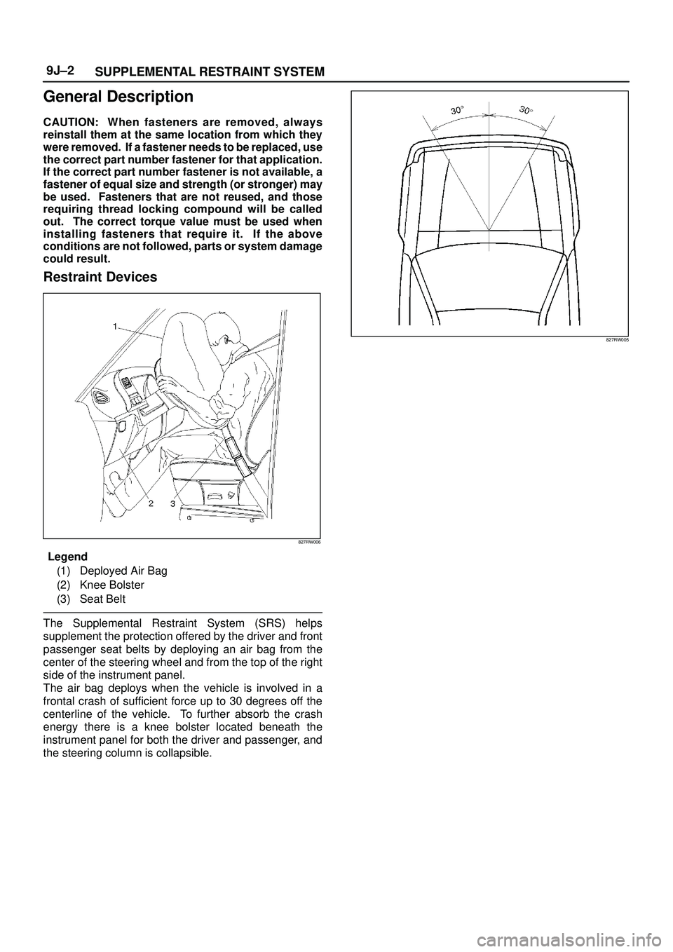 ISUZU TROOPER 1998 Service Repair Manual SUPPLEMENTAL RESTRAINT SYSTEM 9J±2
General Description
CAUTION: When fasteners are removed, always
reinstall them at the same location from which they
were removed. If a fastener needs to be replace ISUZU TROOPER 1998 Service Repair Manual SUPPLEMENTAL RESTRAINT SYSTEM 9J±2
General Description
CAUTION: When fasteners are removed, always
reinstall them at the same location from which they
were removed. If a fastener needs to be replace
