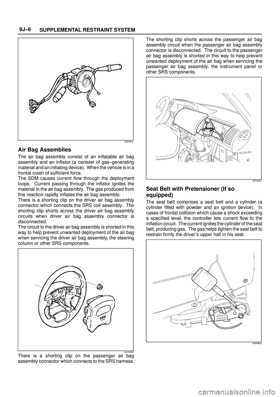 ISUZU TROOPER 1998 Service Repair Manual SUPPLEMENTAL RESTRAINT SYSTEM 9J±6
825RS017
Air Bag Assemblies
The air bag assembly consist of an inflatable air bag
assembly and an inflator (a canister of gas±generating
material and an initiating ISUZU TROOPER 1998 Service Repair Manual SUPPLEMENTAL RESTRAINT SYSTEM 9J±6
825RS017
Air Bag Assemblies
The air bag assembly consist of an inflatable air bag
assembly and an inflator (a canister of gas±generating
material and an initiating