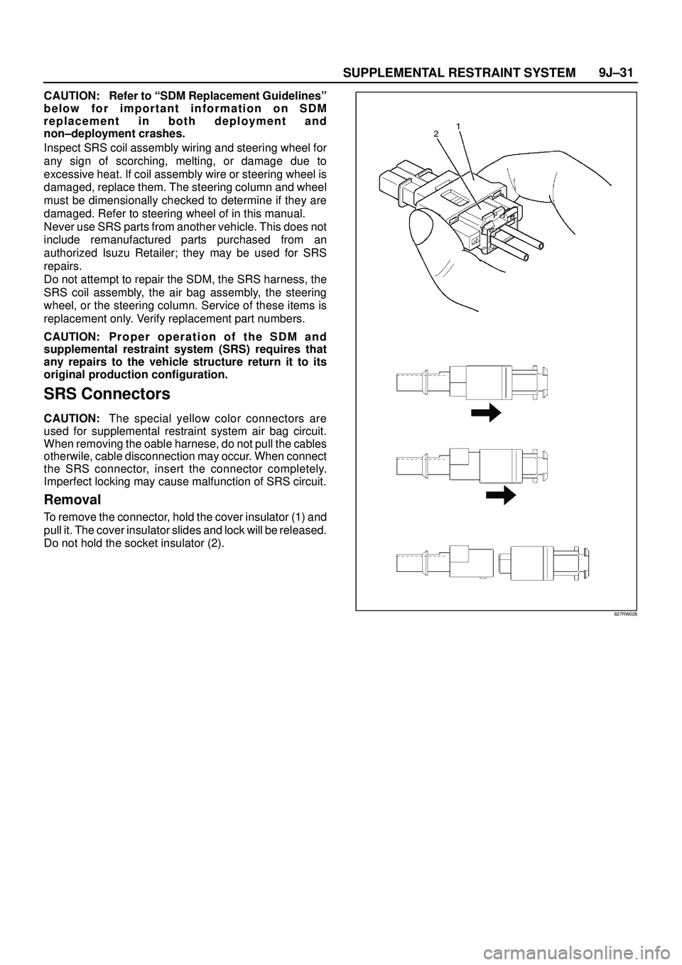 ISUZU TROOPER 1998 Service Repair Manual SUPPLEMENTAL RESTRAINT SYSTEM9J±31
CAUTION: Refer to ªSDM Replacement Guidelinesº
below for important information on SDM
replacement in both deployment and
non±deployment crashes.
Inspect SRS coil ISUZU TROOPER 1998 Service Repair Manual SUPPLEMENTAL RESTRAINT SYSTEM9J±31
CAUTION: Refer to ªSDM Replacement Guidelinesº
below for important information on SDM
replacement in both deployment and
non±deployment crashes.
Inspect SRS coil