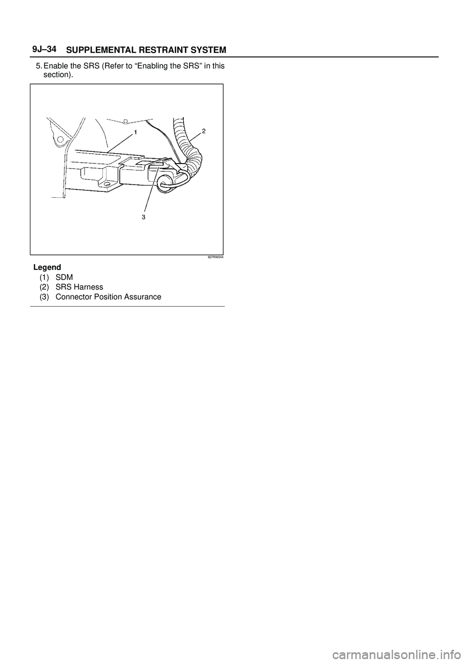ISUZU TROOPER 1998  Service Repair Manual SUPPLEMENTAL RESTRAINT SYSTEM 9J±34
5. Enable the SRS (Refer to ªEnabling the SRSº in this
section).
827RW044
Legend
(1) SDM
(2) SRS Harness
(3) Connector Position Assurance 
