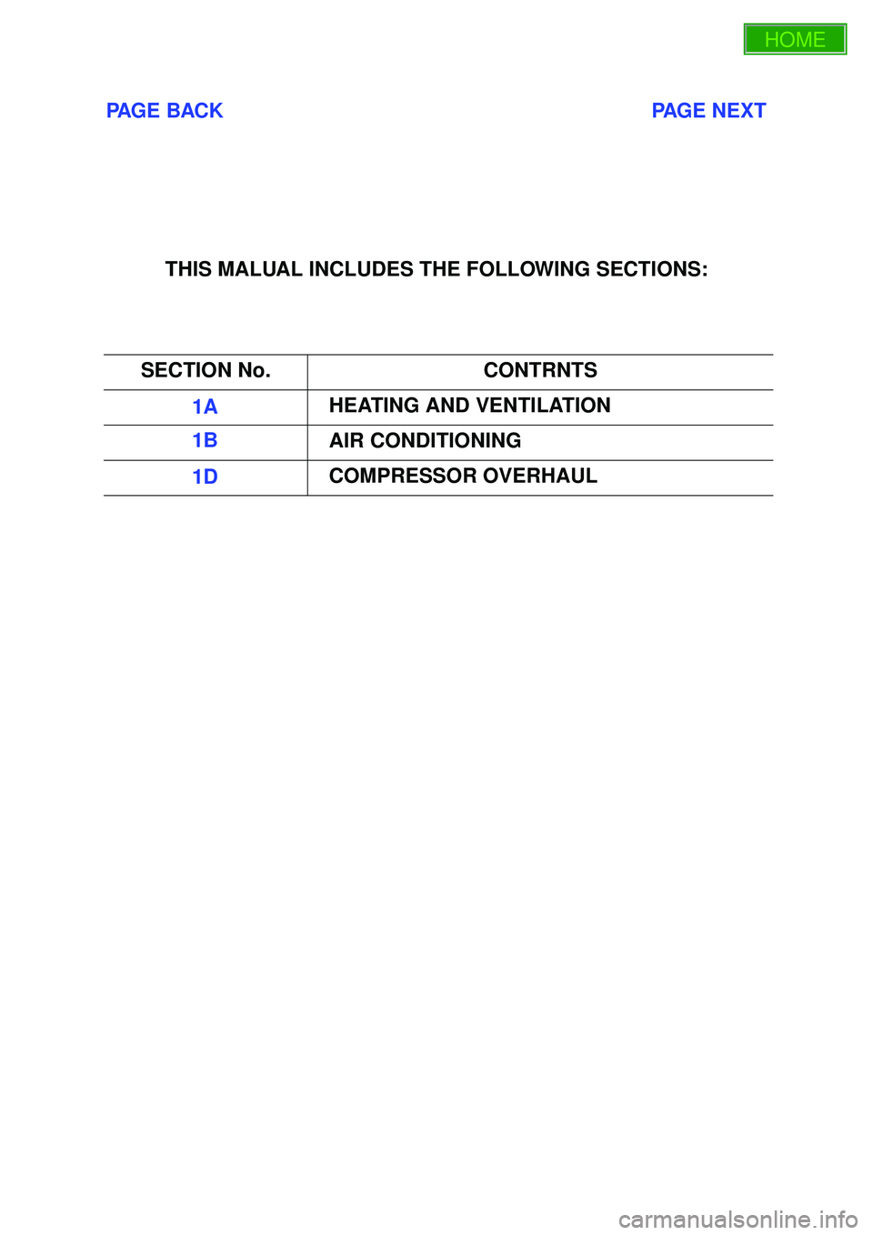 ISUZU TROOPER 1998  Service Repair Manual PAGE BACK                                                                           PAGE NEXT
THIS MALUAL INCLUDES THE FOLLOWING SECTIONS:
SECTION No. CONTRNTS
1A HEATING AND VENTILATION
1B AIR CONDIT