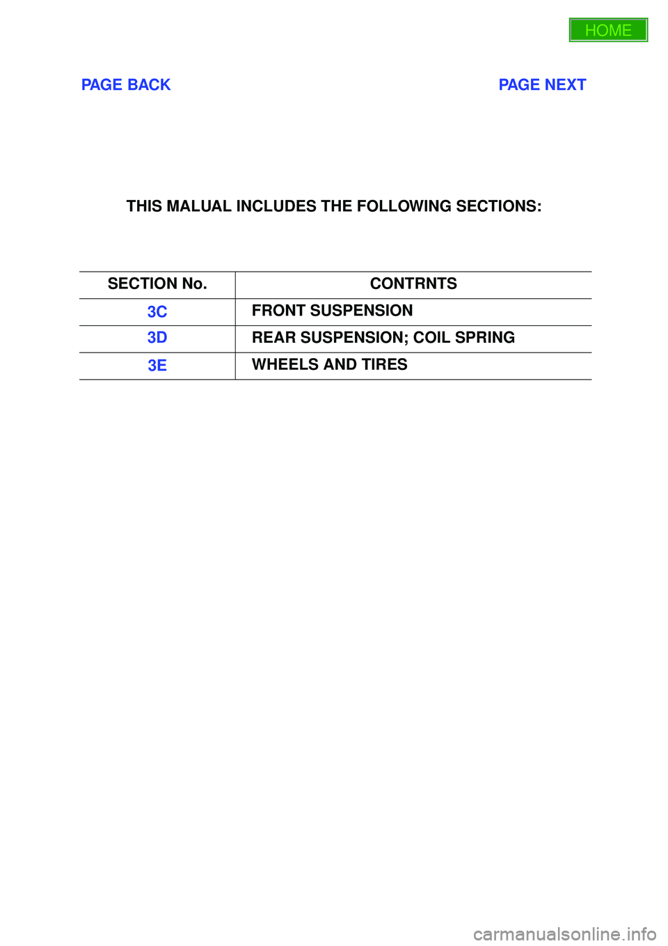 ISUZU TROOPER 1998  Service Repair Manual PAGE BACK                                                                           PAGE NEXT
THIS MALUAL INCLUDES THE FOLLOWING SECTIONS:
SECTION No. CONTRNTS
3C FRONT SUSPENSION
3D REAR SUSPENSION; 