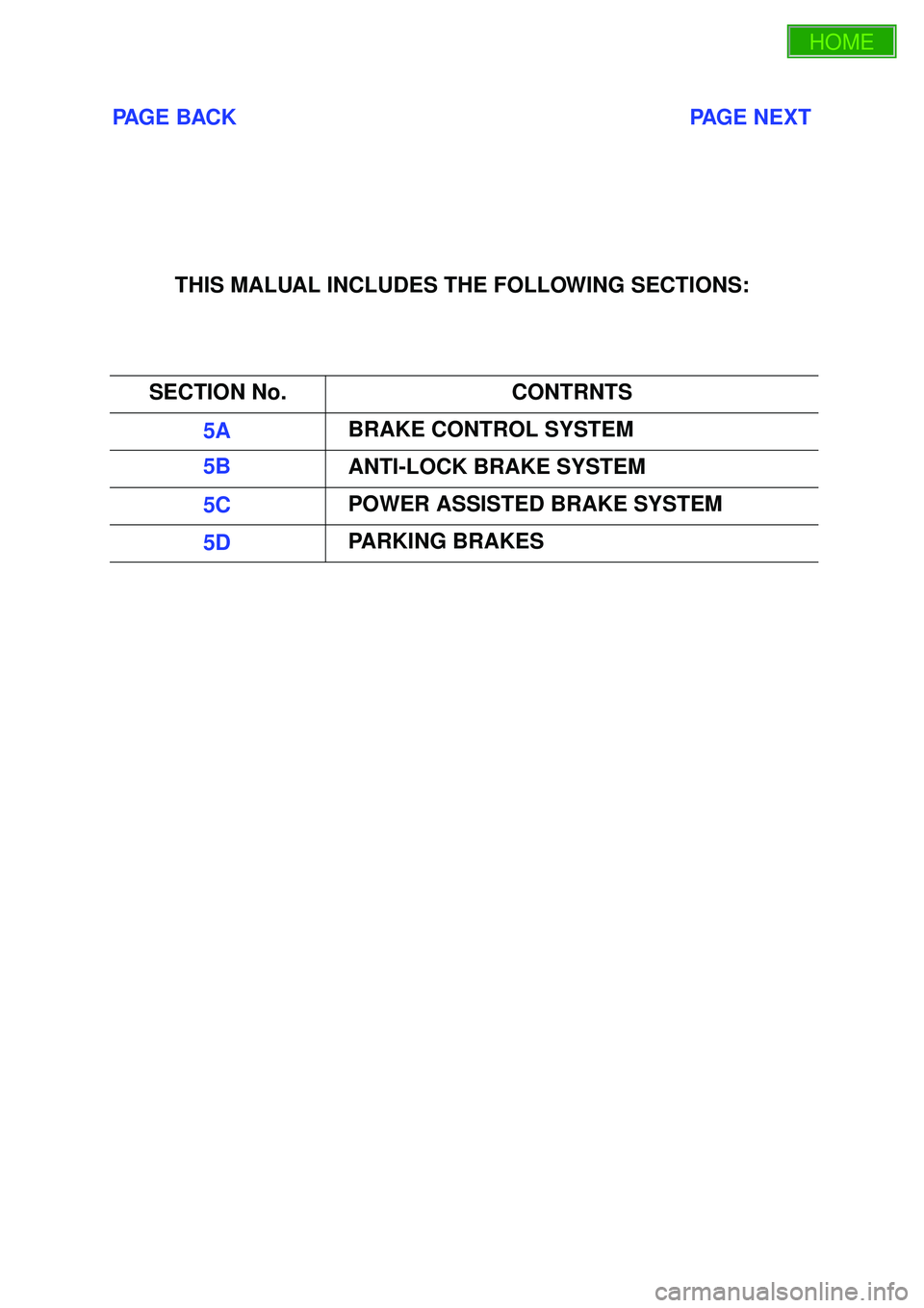 ISUZU TROOPER 1998  Service Repair Manual PAGE BACK                                                                           PAGE NEXT
THIS MALUAL INCLUDES THE FOLLOWING SECTIONS:
SECTION No. CONTRNTS
5A BRAKE CONTROL SYSTEM
5B ANTI-LOCK BRA