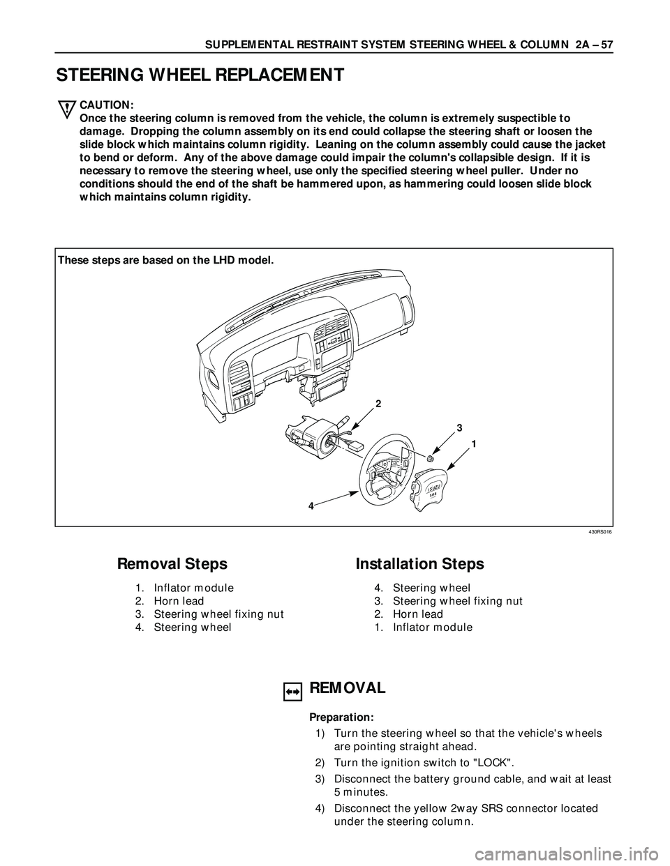 ISUZU TROOPER 1998 Service Repair Manual SUPPLEMENTAL RESTRAINT SYSTEM STEERING WHEEL & COLUMN 2A – 57
STEERING WHEEL REPLACEMENT
1
3
2
4
Removal Steps
1. Inflator module
2. Horn lead
3. Steering wheel fixing nut
4. Steering wheel
Install ISUZU TROOPER 1998 Service Repair Manual SUPPLEMENTAL RESTRAINT SYSTEM STEERING WHEEL & COLUMN 2A – 57
STEERING WHEEL REPLACEMENT
1
3
2
4
Removal Steps
1. Inflator module
2. Horn lead
3. Steering wheel fixing nut
4. Steering wheel
Install