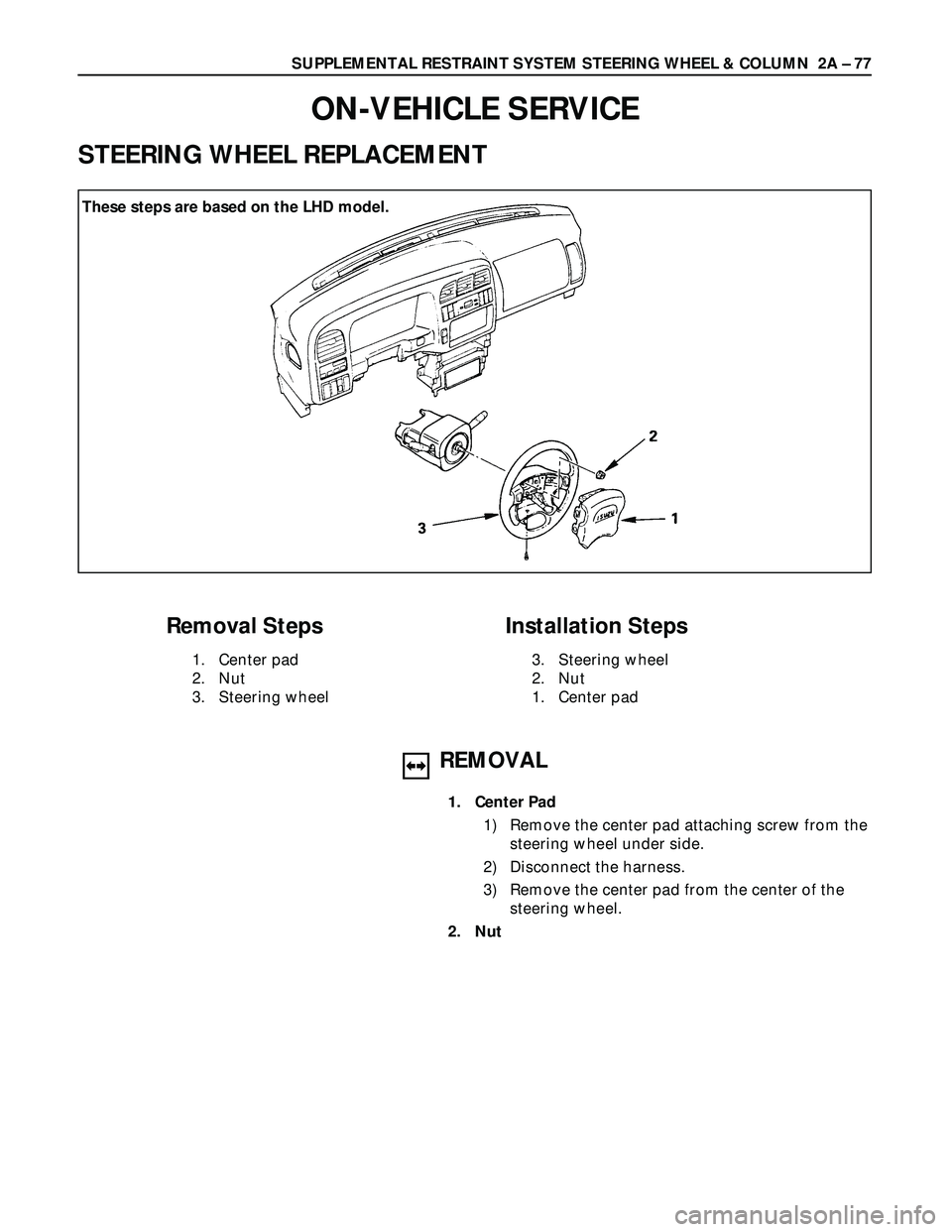 ISUZU TROOPER 1998  Service Repair Manual SUPPLEMENTAL RESTRAINT SYSTEM STEERING WHEEL & COLUMN  2A – 77
ON-VEHICLE SERVICE
STEERING WHEEL REPLACEMENT
Removal Steps
1. Center pad
2. Nut
3. Steering wheel
Installation Steps
3. Steering wheel