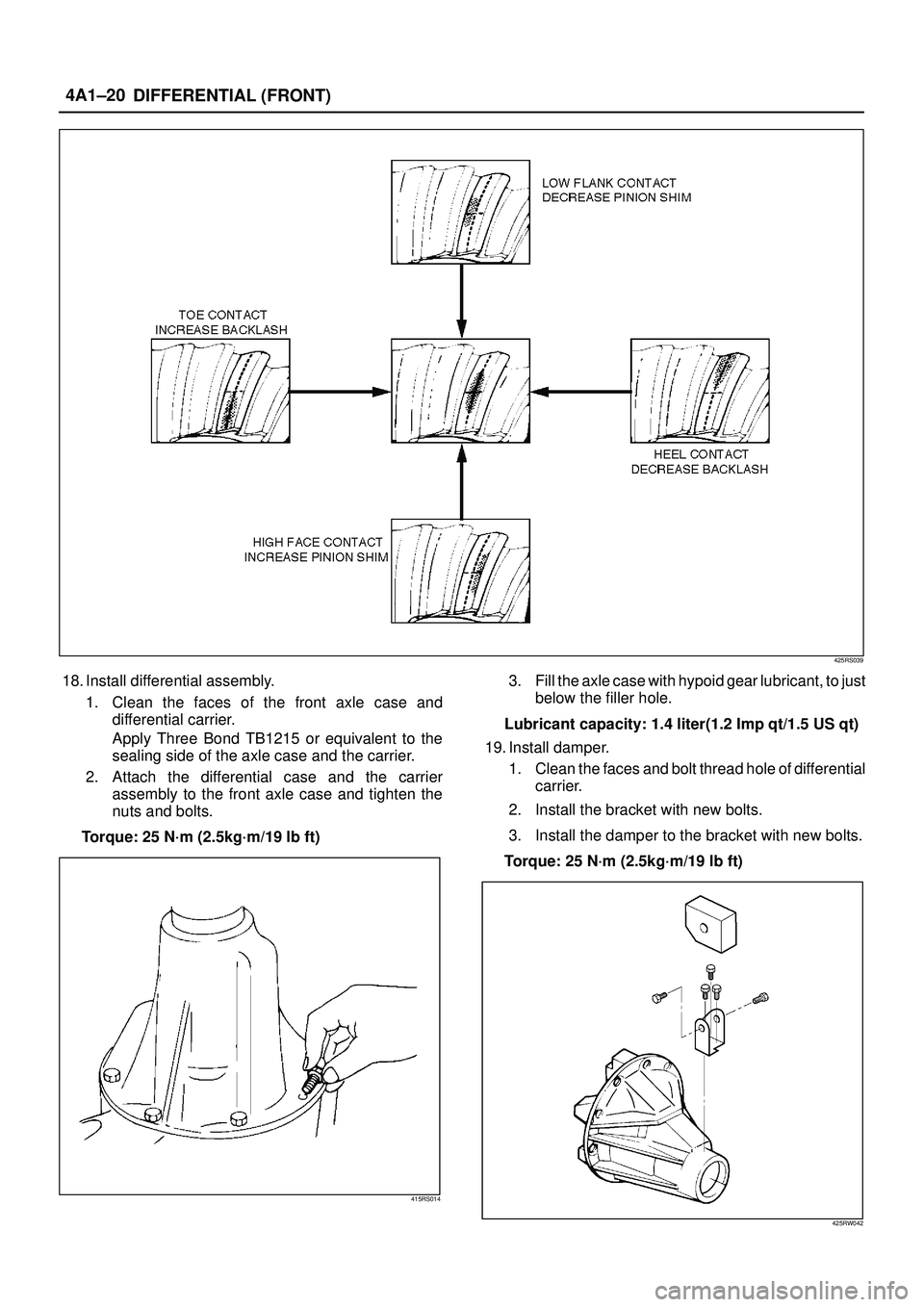 ISUZU TROOPER 1998  Service Repair Manual DIFFERENTIAL (FRONT) 4A1±20
425RS039
18. Install differential assembly.
1. Clean the faces of the front axle case and
differential carrier.
Apply Three Bond TB1215 or equivalent to the
sealing side o
