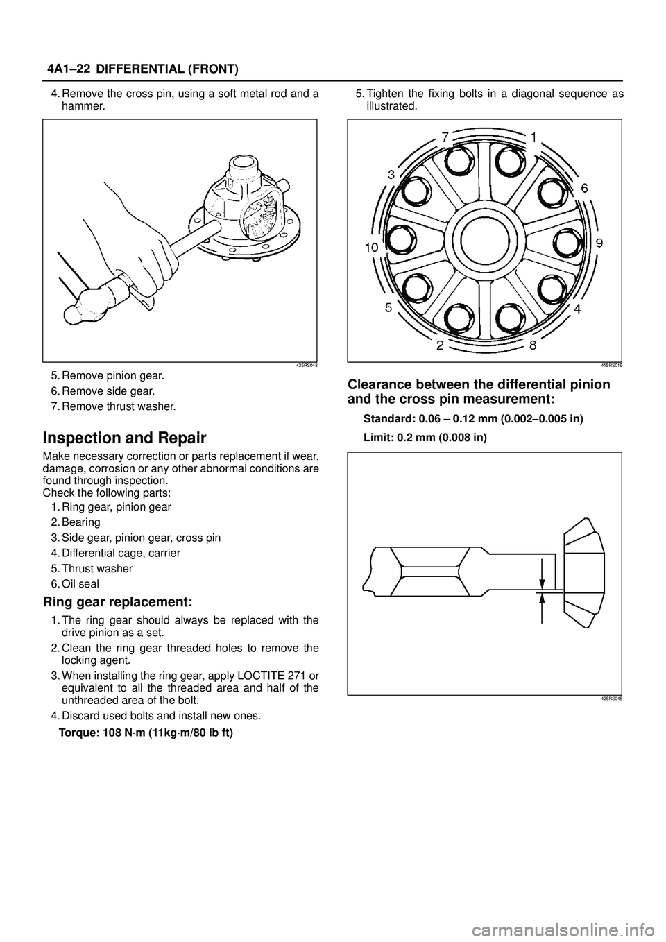 ISUZU TROOPER 1998 Service Repair Manual DIFFERENTIAL (FRONT) 4A1±22
4. Remove the cross pin, using a soft metal rod and a
hammer.
425RS043
5. Remove pinion gear.
6. Remove side gear.
7. Remove thrust washer.
Inspection and Repair
Make nece ISUZU TROOPER 1998 Service Repair Manual DIFFERENTIAL (FRONT) 4A1±22
4. Remove the cross pin, using a soft metal rod and a
hammer.
425RS043
5. Remove pinion gear.
6. Remove side gear.
7. Remove thrust washer.
Inspection and Repair
Make nece