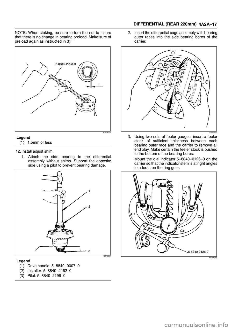 ISUZU TROOPER 1998  Service Repair Manual DIFFERENTIAL (REAR 220mm)
4A2A±17
NOTE: When staking, be sure to turn the nut to insure
that there is no change in bearing preload. Make sure of
preload again as instructed in 3).
415RW019
Legend
(1)