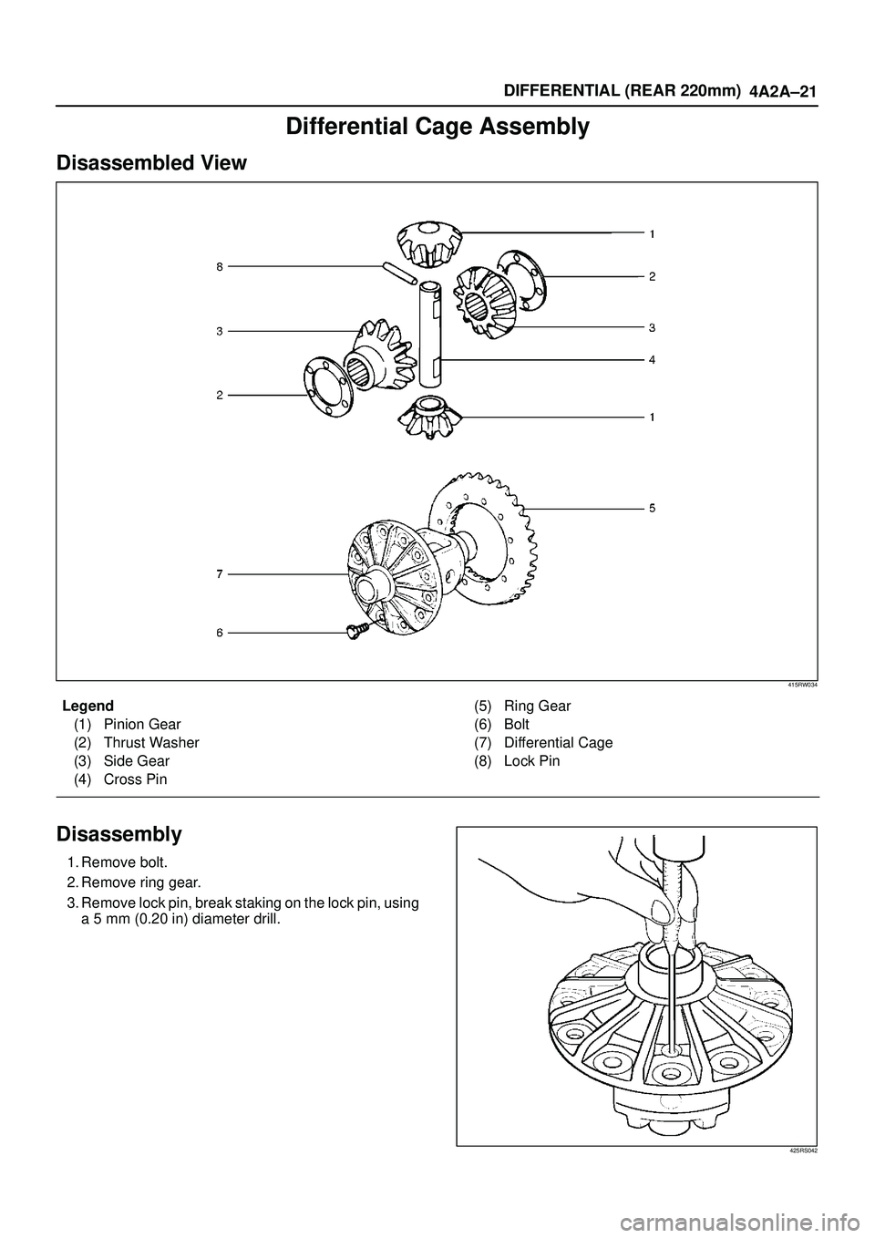 ISUZU TROOPER 1998  Service Repair Manual DIFFERENTIAL (REAR 220mm)
4A2A±21
Differential Cage Assembly
Disassembled View
415RW034
Legend
(1) Pinion Gear
(2) Thrust Washer
(3) Side Gear
(4) Cross Pin(5) Ring Gear
(6) Bolt
(7) Differential Cag