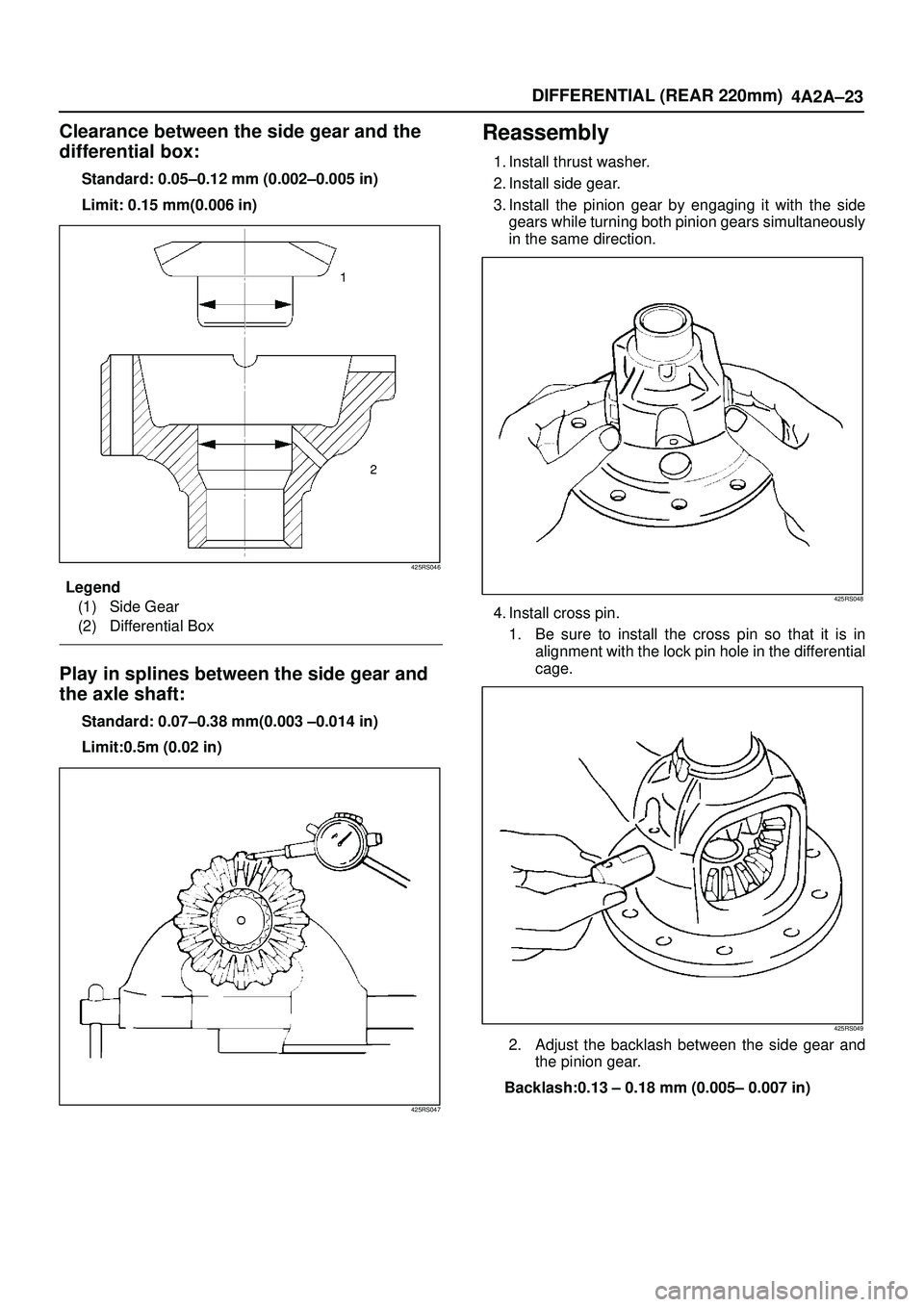 ISUZU TROOPER 1998  Service Repair Manual DIFFERENTIAL (REAR 220mm)
4A2A±23
Clearance between the side gear and the
differential box:
Standard: 0.05±0.12 mm (0.002±0.005 in)
Limit: 0.15 mm(0.006 in)
425RS046
Legend
(1) Side Gear
(2) Differ