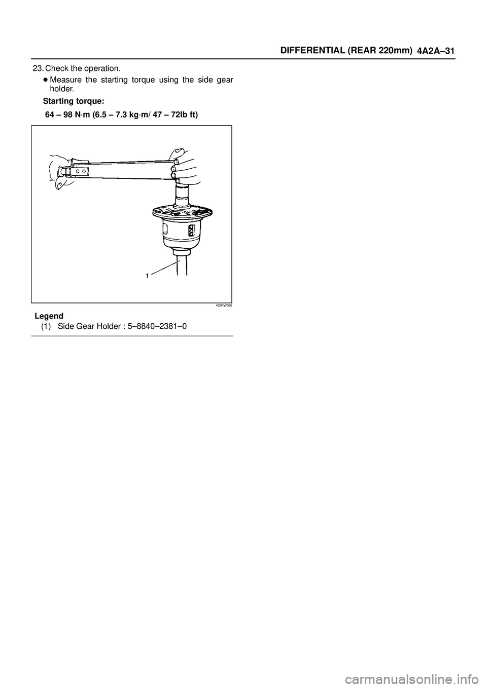 ISUZU TROOPER 1998  Service Repair Manual DIFFERENTIAL (REAR 220mm)
4A2A±31
23. Check the operation.
Measure the starting torque using the side gear
holder. 
Starting torque:
64 ± 98 N´m (6.5 ± 7.3 kg´m/ 47 ± 72Ib ft)
425RW065
Legend
(