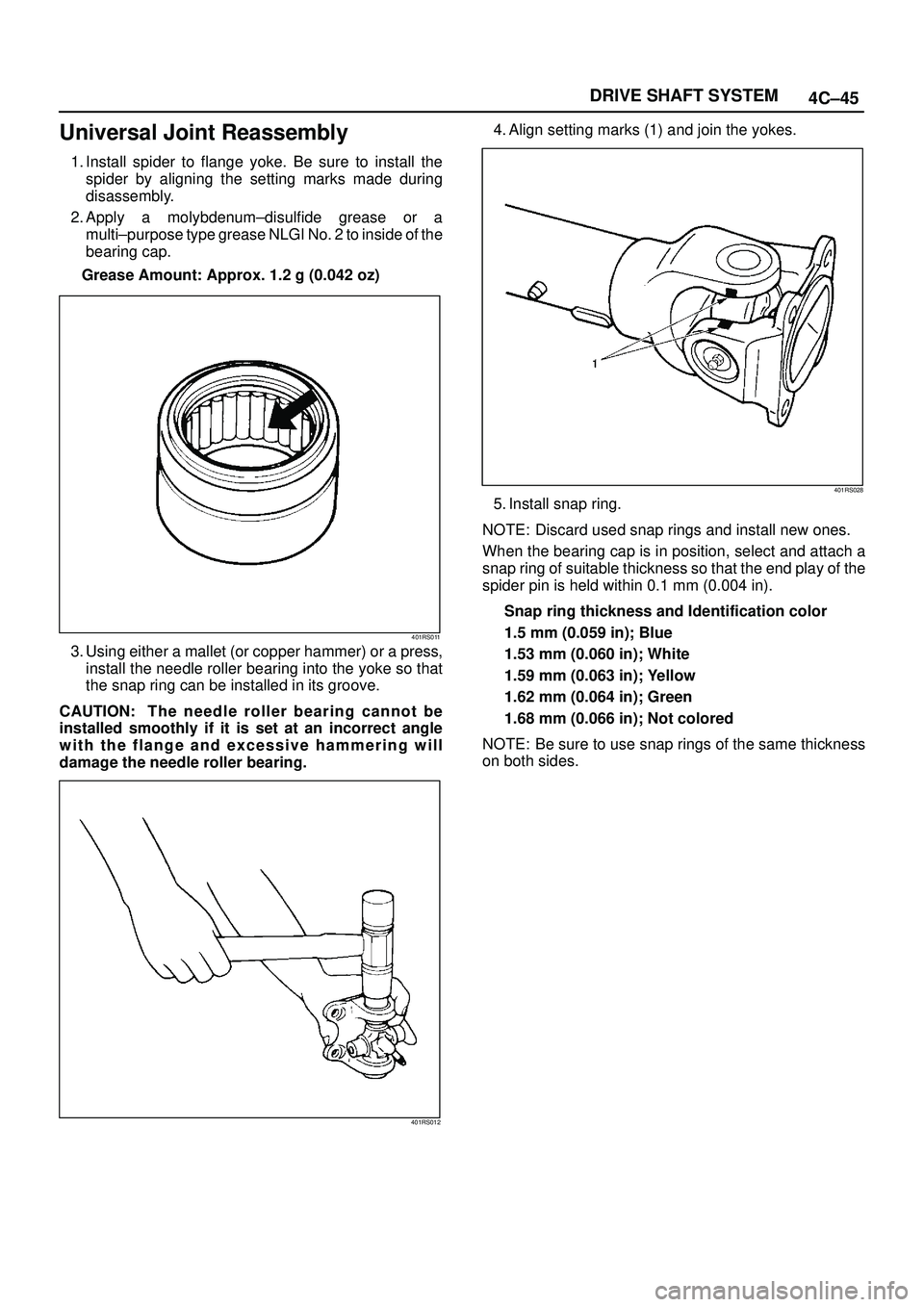 ISUZU TROOPER 1998 Service Repair Manual 4C±45 DRIVE SHAFT SYSTEM
Universal Joint Reassembly
1. Install spider to flange yoke. Be sure to install the
spider by aligning the setting marks made during
disassembly.
2. Apply a molybdenum±disul ISUZU TROOPER 1998 Service Repair Manual 4C±45 DRIVE SHAFT SYSTEM
Universal Joint Reassembly
1. Install spider to flange yoke. Be sure to install the
spider by aligning the setting marks made during
disassembly.
2. Apply a molybdenum±disul