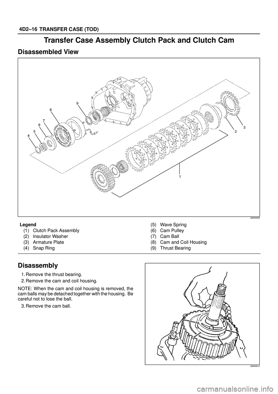 ISUZU TROOPER 1998  Service Repair Manual 4D2±16
TRANSFER CASE (TOD)
Transfer Case Assembly Clutch Pack and Clutch Cam
Disassembled View
266RW006
Legend
(1) Clutch Pack Assembly
(2) Insulator Washer
(3) Armature Plate
(4) Snap Ring(5) Wave S