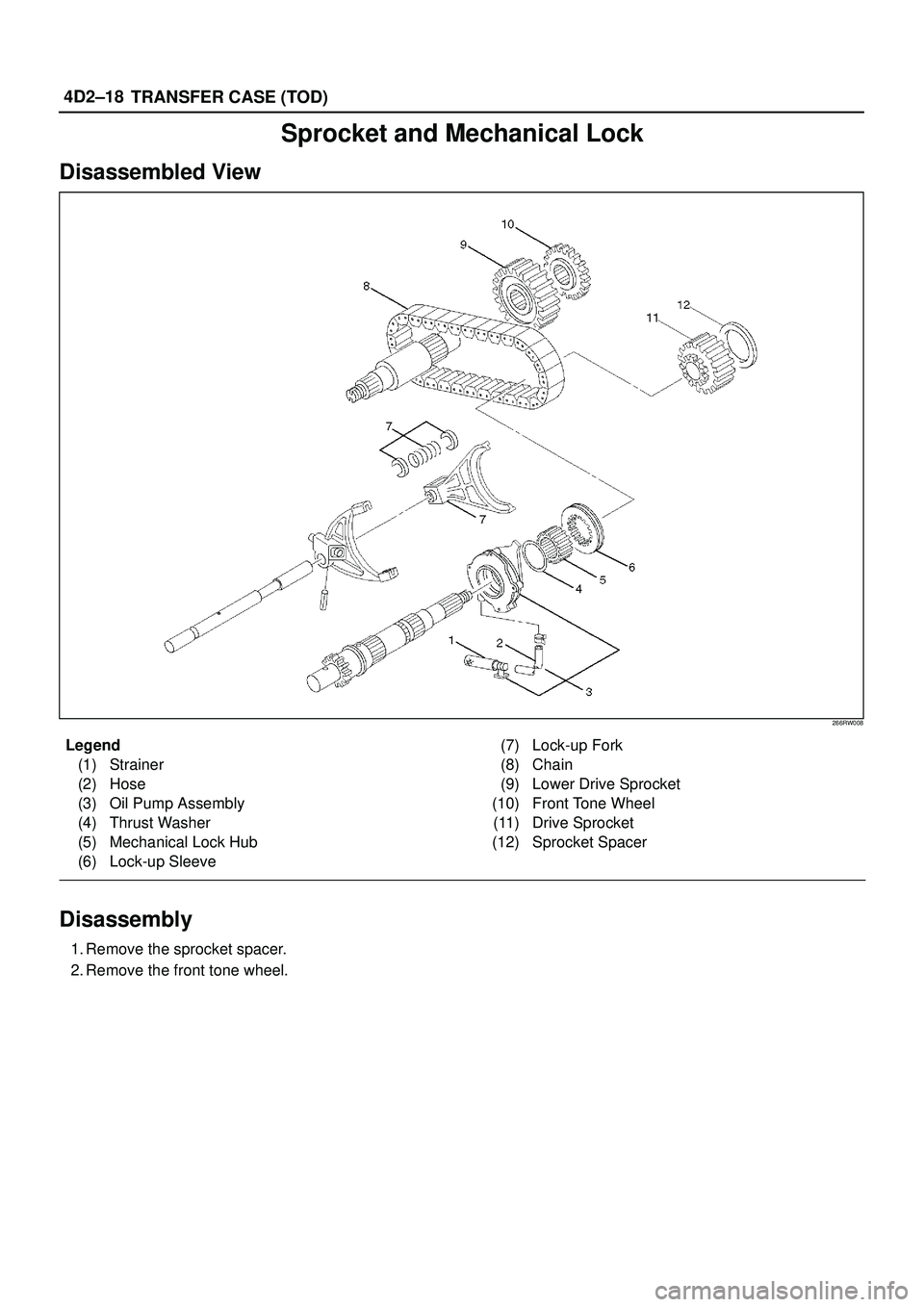 ISUZU TROOPER 1998  Service Repair Manual 4D2±18
TRANSFER CASE (TOD)
Sprocket and Mechanical Lock
Disassembled View
266RW008
Legend
(1) Strainer
(2) Hose
(3) Oil Pump Assembly
(4) Thrust Washer
(5) Mechanical Lock Hub
(6) Lock-up Sleeve(7) L
