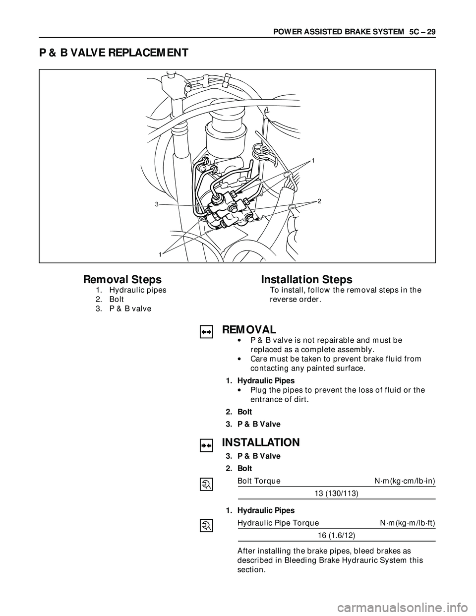 ISUZU TROOPER 1998  Service Repair Manual POWER ASSISTED BRAKE SYSTEM  5C – 29
P & B VALVE REPLACEMENT
1
3
1yy
2
Removal Steps
1. Hydraulic pipes
2. Bolt
3. P & B valve
Installation Steps
To install, follow the removal steps in the
revers