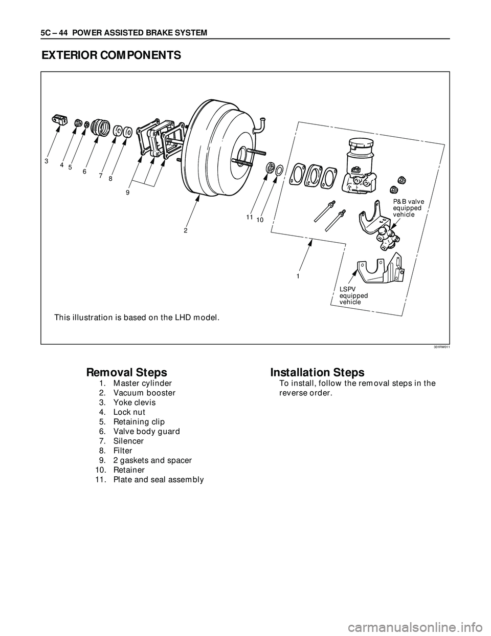 ISUZU TROOPER 1998  Service Repair Manual 5C – 44 POWER ASSISTED BRAKE SYSTEM
EXTERIOR COMPONENTS
P&B valve
equipped
vehicle
LSPV
equipped
vehicle
1 10 11
2 9 3
4
5
6
7
8
Removal Steps
1. Master cylinder
2. Vacuum booster
3. Yoke clevis
4. 
