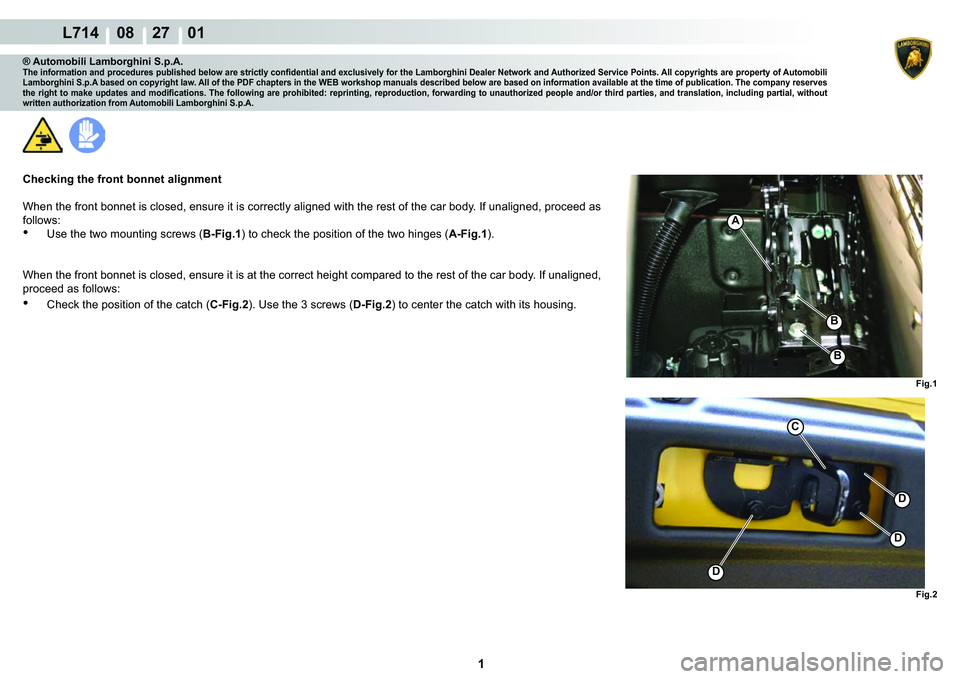 LAMBORGHINI GALLARDO 2009  Workshop Manual  1 
  L714    08    27    01
Fig.1 Fig.2
B
B
A
D
D
D
C
® Automobili Lamborghini S.p.A.�7�K�H��L�Q�I�R�U�P�D�W�L�R�Q��D�Q�G��S�U�R�F�H�G�X�U�H�V��S�X�E�O�L�V�K�H�G��E�H�O�R�Z��D�U�H��V�W�U�L�F�