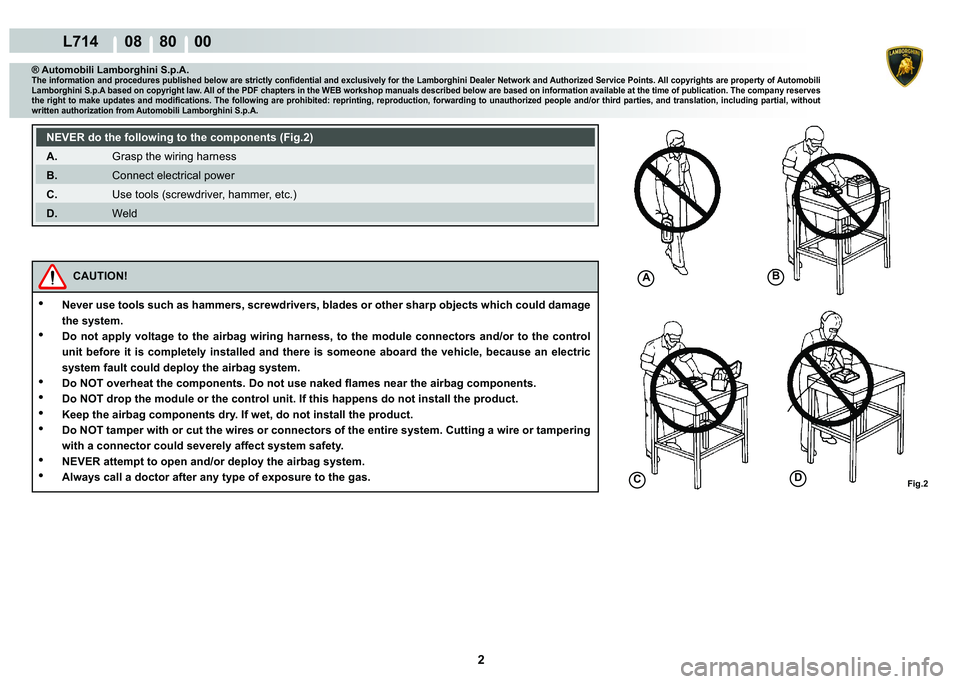 LAMBORGHINI GALLARDO 2009  Workshop Manual  2 
L714      08    80    00
Fig.2
AB
C�
® Automobili Lamborghini S.p.A.
�7�K�H��L�Q�I�R�U�P�D�W�L�R�Q��D�Q�G��S�U�R�F�H�G�X�U�H�V��S�X�E�O�L�V�K�H�G��E�H�O�R�Z��D�U�H��V�W�U�L�F�W�O�\��F�R�