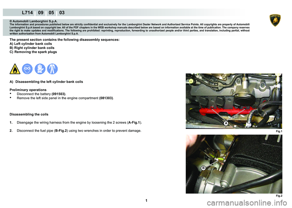 LAMBORGHINI GALLARDO 2009  Workshop Manual  1 
L714    09    05    03
Fig.2
Fig.1
A
B
® Automobili Lamborghini S.p.A.
�7�K�H��L�Q�I�R�U�P�D�W�L�R�Q��D�Q�G��S�U�R�F�H�G�X�U�H�V��S�X�E�O�L�V�K�H�G��E�H�O�R�Z��D�U�H��V�W�U�L�F�W�O�\��F�R