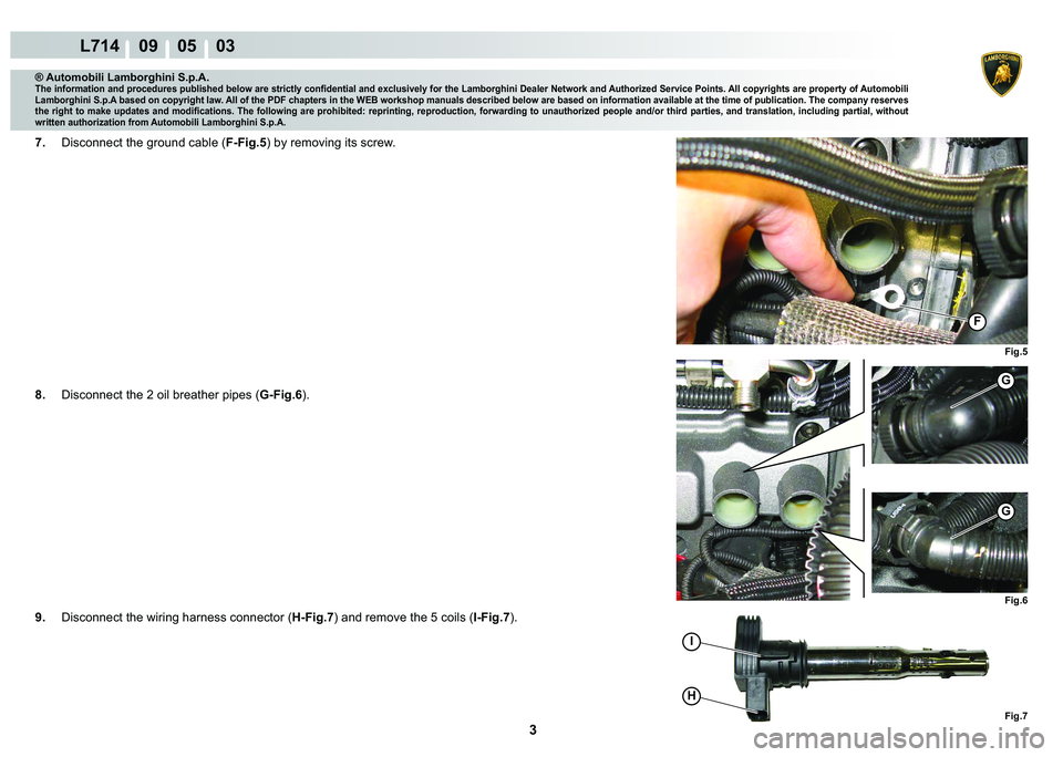 LAMBORGHINI GALLARDO 2009  Workshop Manual 3
L714    09    05    03
Fig.5
F
Fig.6 Fig.7
I
G
G
H
® Automobili Lamborghini S.p.A.
�7�K�H��L�Q�I�R�U�P�D�W�L�R�Q��D�Q�G��S�U�R�F�H�G�X�U�H�V��S�X�E�O�L�V�K�H�G��E�H�O�R�Z��D�U�H��V�W�U�L�F�W