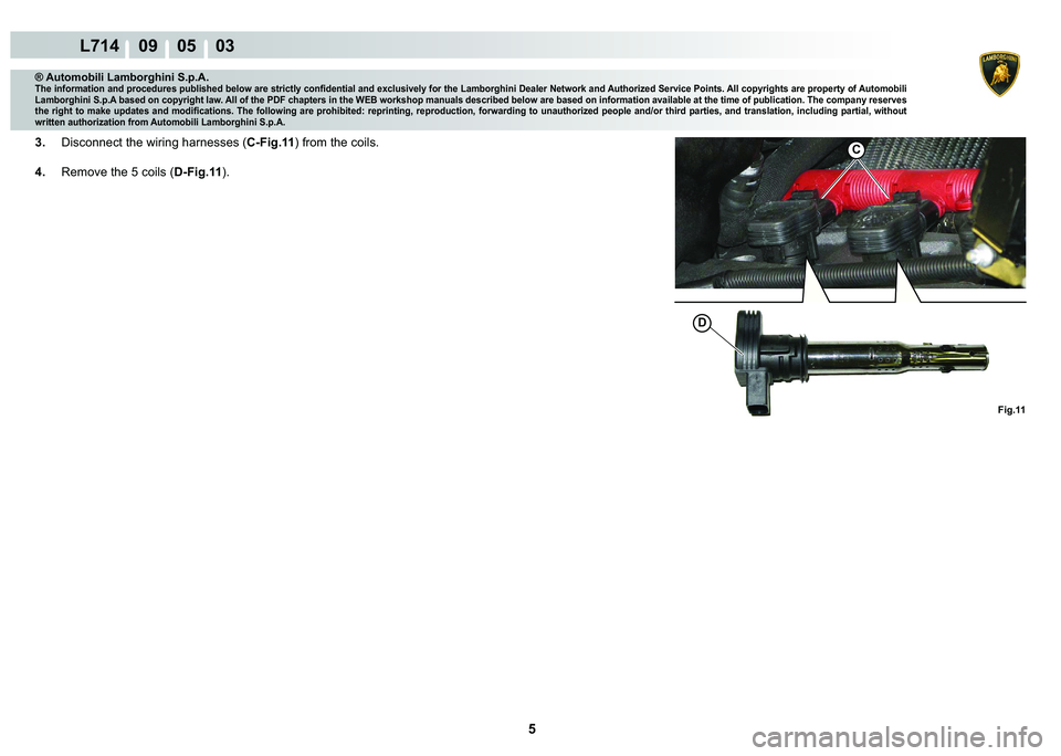 LAMBORGHINI GALLARDO 2009  Workshop Manual 5
L714    09    05    03
Fig.11
�
C
® Automobili Lamborghini S.p.A.
�7�K�H��L�Q�I�R�U�P�D�W�L�R�Q��D�Q�G��S�U�R�F�H�G�X�U�H�V��S�X�E�O�L�V�K�H�G��E�H�O�R�Z��D�U�H��V�W�U�L�F�W�O�\��F�R�Q�¿�