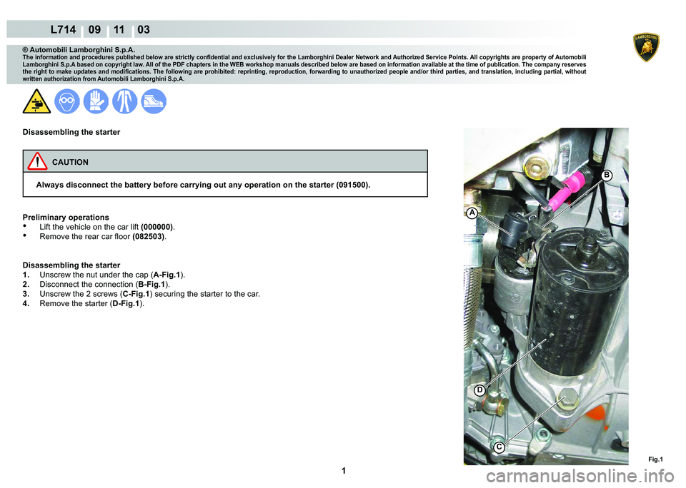 LAMBORGHINI GALLARDO 2009  Workshop Manual  1 
  L714    09 11    03
Fig.1
D
C
B
A
® Automobili Lamborghini S.p.A.
�7�K�H��L�Q�I�R�U�P�D�W�L�R�Q��D�Q�G��S�U�R�F�H�G�X�U�H�V��S�X�E�O�L�V�K�H�G��E�H�O�R�Z��D�U�H��V�W�U�L�F�W�O�\��F�R�Q�