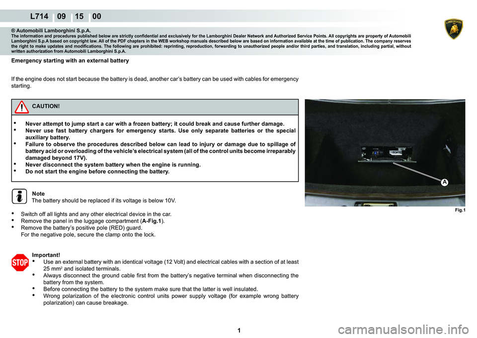 LAMBORGHINI GALLARDO 2009  Workshop Manual  1 
  L714    09 15    00
Fig.1
A
® Automobili Lamborghini S.p.A.�7�K�H��L�Q�I�R�U�P�D�W�L�R�Q��D�Q�G��S�U�R�F�H�G�X�U�H�V��S�X�E�O�L�V�K�H�G��E�H�O�R�Z��D�U�H��V�W�U�L�F�W�O�\��F�R�Q�¿�G�H�