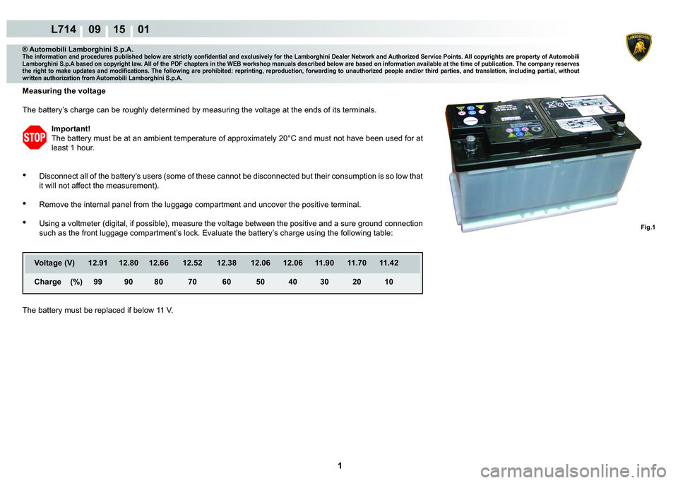 LAMBORGHINI GALLARDO 2009  Workshop Manual  1 
L714    09 15    01
Fig.1
® Automobili Lamborghini S.p.A.�7�K�H��L�Q�I�R�U�P�D�W�L�R�Q��D�Q�G��S�U�R�F�H�G�X�U�H�V��S�X�E�O�L�V�K�H�G��E�H�O�R�Z��D�U�H��V�W�U�L�F�W�O�\��F�R�Q�¿�G�H�Q�W�