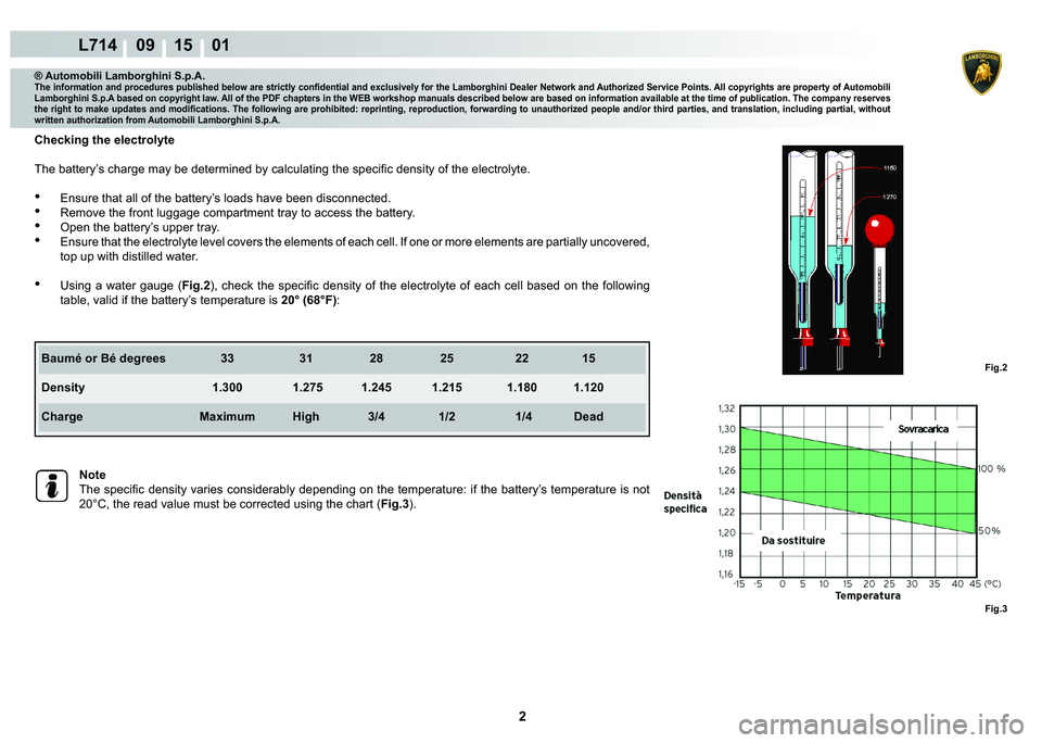 LAMBORGHINI GALLARDO 2009  Workshop Manual 2
L714    09 15    01
Fig.2
Fig.3
® Automobili Lamborghini S.p.A.�7�K�H��L�Q�I�R�U�P�D�W�L�R�Q��D�Q�G��S�U�R�F�H�G�X�U�H�V��S�X�E�O�L�V�K�H�G��E�H�O�R�Z��D�U�H��V�W�U�L�F�W�O�\��F�R�Q�¿�G�H�