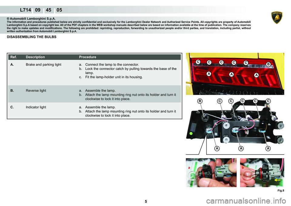 LAMBORGHINI GALLARDO 2009  Workshop Manual 5
   L714   09    45    05
Fig.8
AAA
BCCCCC
AAA
BCCCCC
b
a
® Automobili Lamborghini S.p.A.�7�K�H��L�Q�I�R�U�P�D�W�L�R�Q��D�Q�G��S�U�R�F�H�G�X�U�H�V��S�X�E�O�L�V�K�H�G��E�H�O�R�Z��D�U�H��V�W�U�