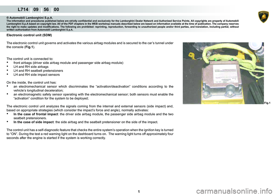 LAMBORGHINI GALLARDO 2009  Workshop Manual  1 
  L714    09    56    00
Fig.1
® Automobili Lamborghini S.p.A.�7�K�H��L�Q�I�R�U�P�D�W�L�R�Q��D�Q�G��S�U�R�F�H�G�X�U�H�V��S�X�E�O�L�V�K�H�G��E�H�O�R�Z��D�U�H��V�W�U�L�F�W�O�\��F�R�Q�¿�G�H
