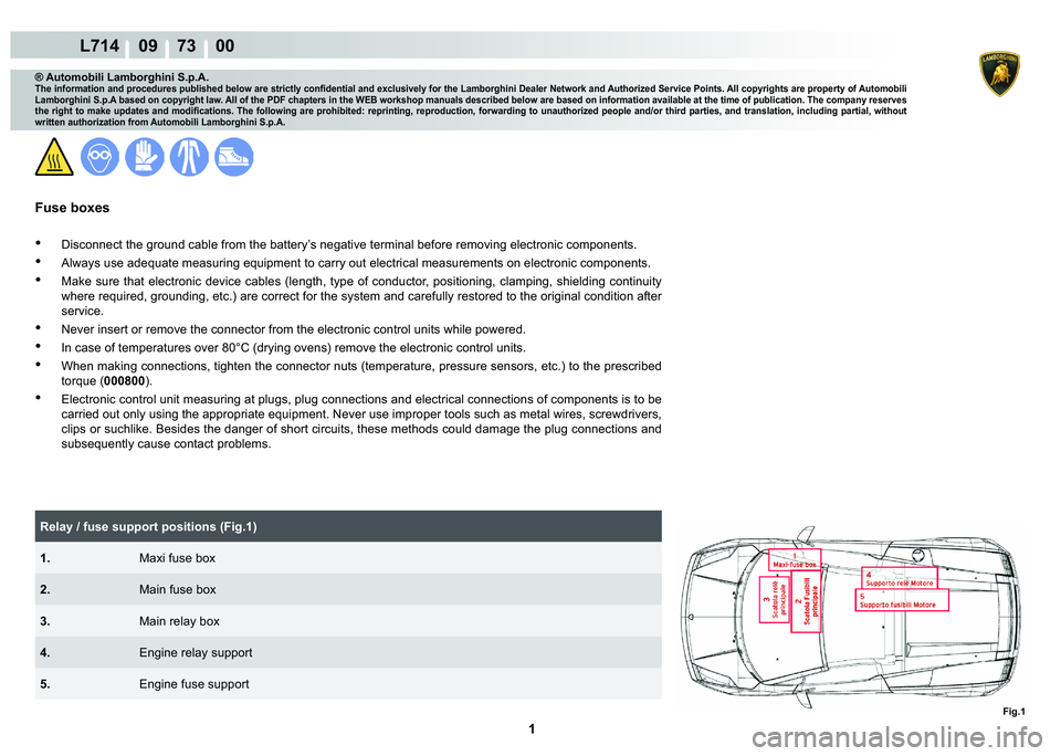 LAMBORGHINI GALLARDO 2009  Workshop Manual  1 
L714    09    73    00
Fig.1
® Automobili Lamborghini S.p.A.�7�K�H��L�Q�I�R�U�P�D�W�L�R�Q��D�Q�G��S�U�R�F�H�G�X�U�H�V��S�X�E�O�L�V�K�H�G��E�H�O�R�Z��D�U�H��V�W�U�L�F�W�O�\��F�R�Q�¿�G�H�Q