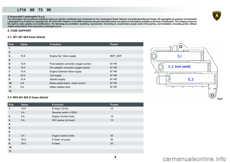LAMBORGHINI GALLARDO 2009  Workshop Manual 6
L714    09    73    00
Fig.6
® Automobili Lamborghini S.p.A.�7�K�H��L�Q�I�R�U�P�D�W�L�R�Q��D�Q�G��S�U�R�F�H�G�X�U�H�V��S�X�E�O�L�V�K�H�G��E�H�O�R�Z��D�U�H��V�W�U�L�F�W�O�\��F�R�Q�¿�G�H�Q�W