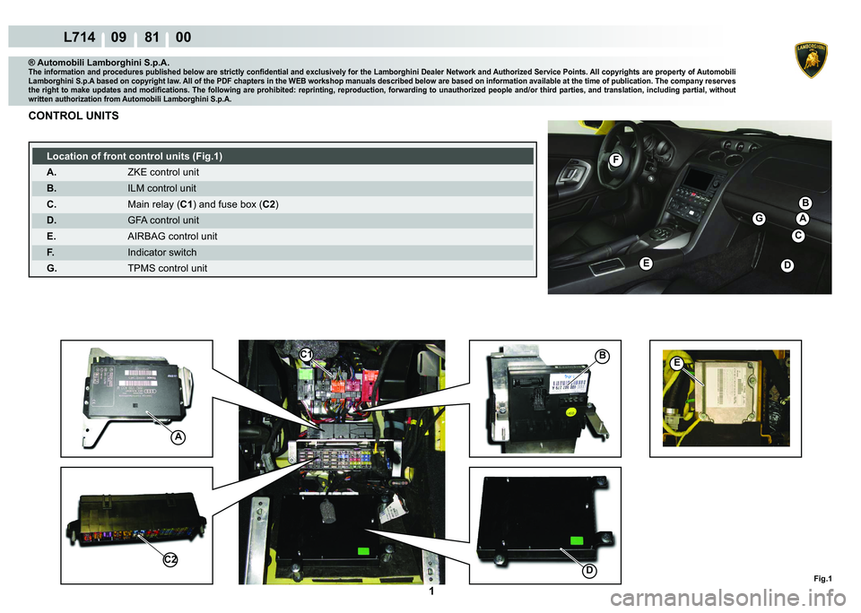 LAMBORGHINI GALLARDO 2009  Workshop Manual  1 
L714    09 81    00
Fig.1
A
B
C
F
E
D
G
E
C1
A
B
C2
D
® Automobili Lamborghini S.p.A.
�7�K�H��L�Q�I�R�U�P�D�W�L�R�Q��D�Q�G��S�U�R�F�H�G�X�U�H�V��S�X�E�O�L�V�K�H�G��E�H�O�R�Z��D�U�H��V�W�U�
