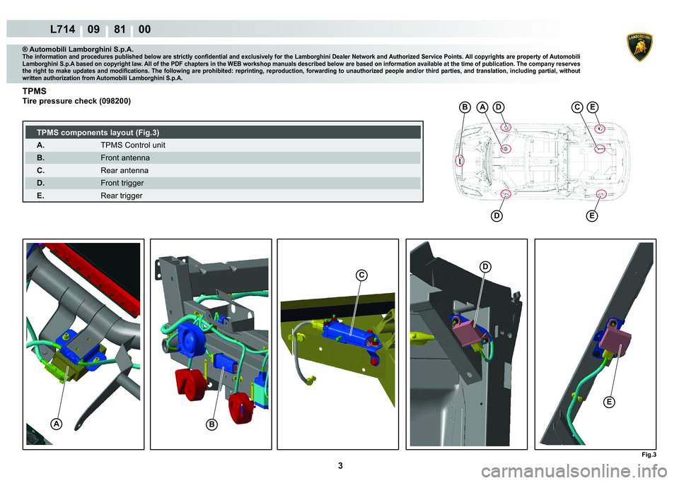 LAMBORGHINI GALLARDO 2009  Workshop Manual  3 
L714    09 81    00
Fig.3
DE
DE
ACB
B
C
E
D
A
® Automobili Lamborghini S.p.A.
�7�K�H��L�Q�I�R�U�P�D�W�L�R�Q��D�Q�G��S�U�R�F�H�G�X�U�H�V��S�X�E�O�L�V�K�H�G��E�H�O�R�Z��D�U�H��V�W�U�L�F�W�O�
