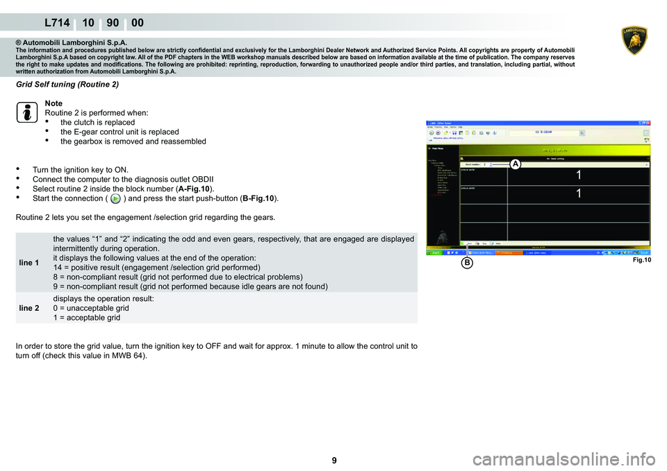 LAMBORGHINI GALLARDO 2009  Workshop Manual 9
L714 10    90    00
Fig.10
A
B
® Automobili Lamborghini S.p.A.�7�K�H��L�Q�I�R�U�P�D�W�L�R�Q��D�Q�G��S�U�R�F�H�G�X�U�H�V��S�X�E�O�L�V�K�H�G��E�H�O�R�Z��D�U�H��V�W�U�L�F�W�O�\��F�R�Q�¿�G�H�Q