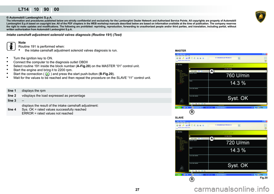 LAMBORGHINI GALLARDO 2009  Workshop Manual  27 
L714 10    90    00
A
B
A
BFig.20
�0�$�6�7�(�5 
�6�/�$�9�(
® Automobili Lamborghini S.p.A.�7�K�H��L�Q�I�R�U�P�D�W�L�R�Q��D�Q�G��S�U�R�F�H�G�X�U�H�V��S�X�E�O�L�V�K�H�G��E�H�O�R�Z��D�U�H��V