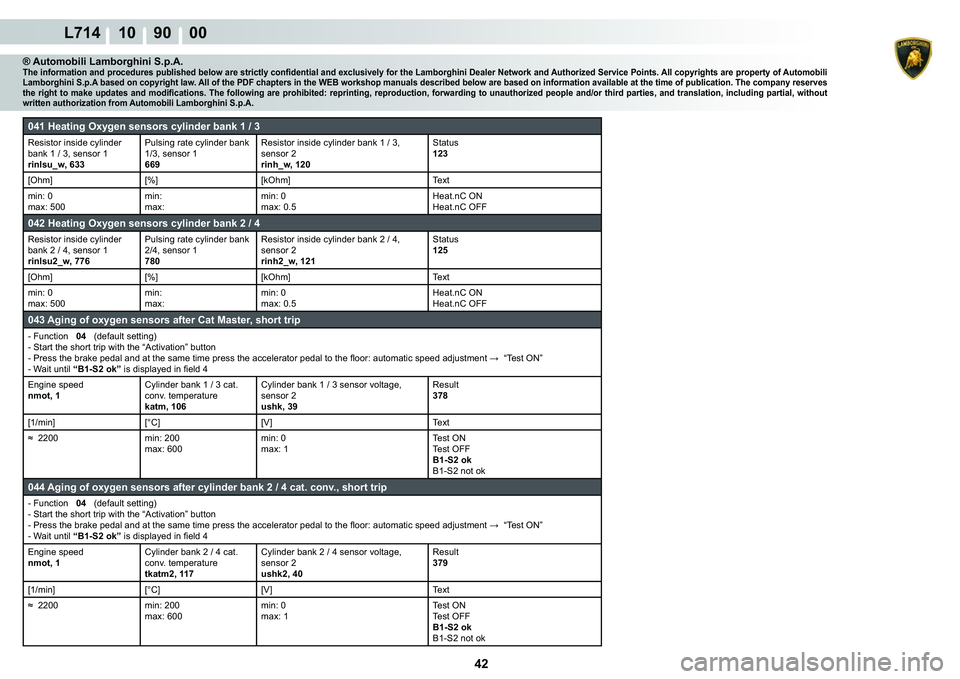 LAMBORGHINI GALLARDO 2009  Workshop Manual  42 
L714 10    90    00
® Automobili Lamborghini S.p.A.�7�K�H��L�Q�I�R�U�P�D�W�L�R�Q��D�Q�G��S�U�R�F�H�G�X�U�H�V��S�X�E�O�L�V�K�H�G��E�H�O�R�Z��D�U�H��V�W�U�L�F�W�O�\��F�R�Q�¿�G�H�Q�W�L�D�O