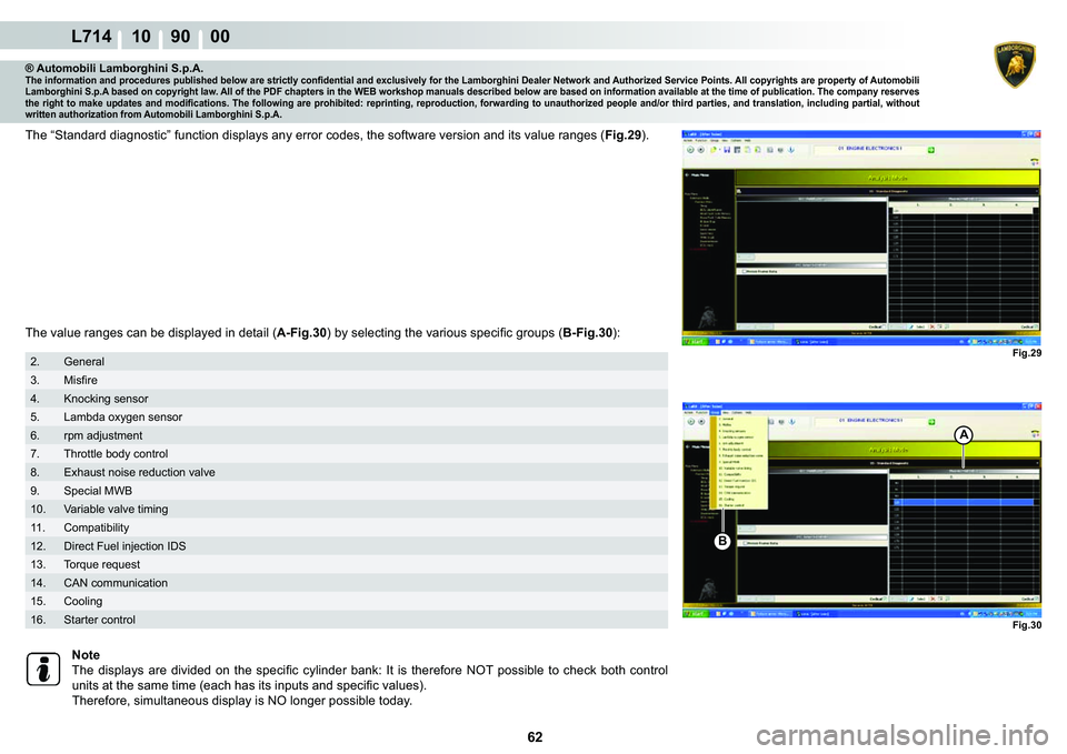 LAMBORGHINI GALLARDO 2009  Workshop Manual  62 
L714 10    90    00
Fig.29
Fig.30
B
A
® Automobili Lamborghini S.p.A.�7�K�H��L�Q�I�R�U�P�D�W�L�R�Q��D�Q�G��S�U�R�F�H�G�X�U�H�V��S�X�E�O�L�V�K�H�G��E�H�O�R�Z��D�U�H��V�W�U�L�F�W�O�\��F�R�