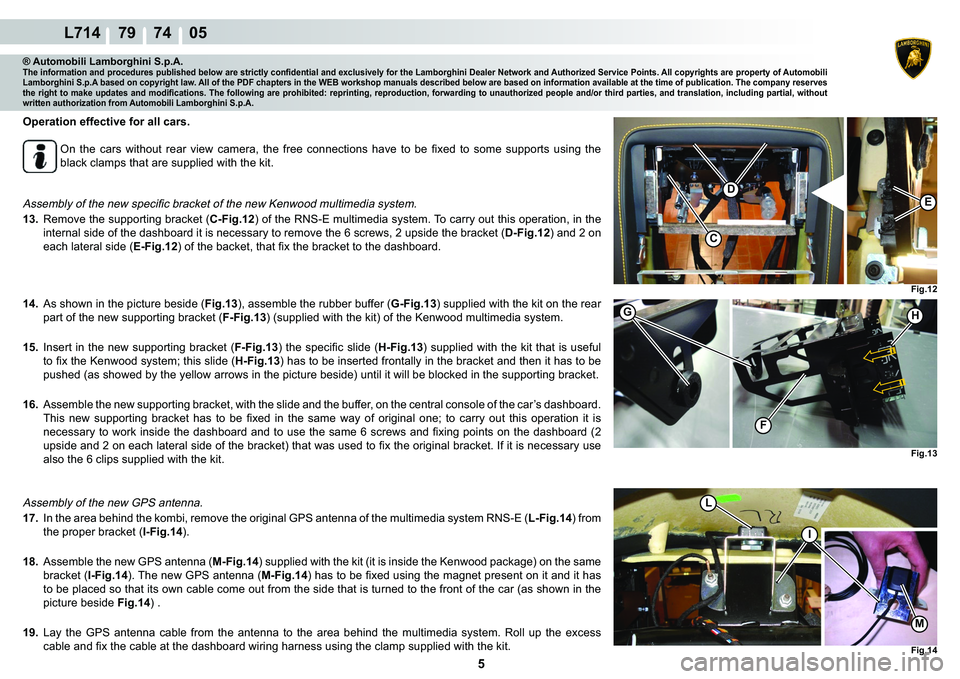 LAMBORGHINI GALLARDO 2009  Workshop Manual  5 
L714    79    74    05
D
C
E
Fig.12
GH
F
Fig.13
Fig.14
M
L
I
® Automobili Lamborghini S.p.A.�7�K�H��L�Q�I�R�U�P�D�W�L�R�Q��D�Q�G��S�U�R�F�H�G�X�U�H�V��S�X�E�O�L�V�K�H�G��E�H�O�R�Z��D�U�H��