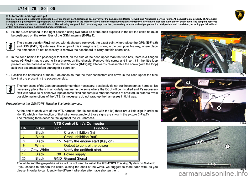 LAMBORGHINI GALLARDO 2009  Workshop Manual  3 
L714    79    80    05
H
G
Fig.6
Fig.5
�(
F
Fig.7
I
® Automobili Lamborghini S.p.A.�7�K�H��L�Q�I�R�U�P�D�W�L�R�Q��D�Q�G��S�U�R�F�H�G�X�U�H�V��S�X�E�O�L�V�K�H�G��E�H�O�R�Z��D�U�H��V�W�U�L�F
