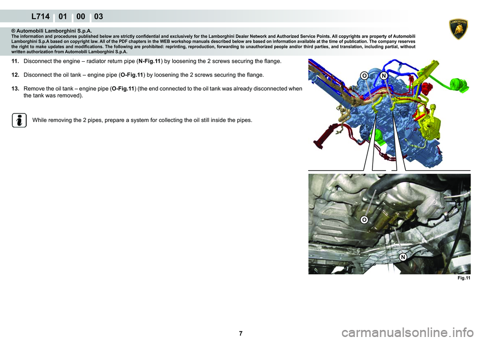LAMBORGHINI GALLARDO 2009  Workshop Manual 7
L714    01    00    03
Fig.11
O
�1
O�1
® Automobili Lamborghini S.p.A.�7�K�H��L�Q�I�R�U�P�D�W�L�R�Q��D�Q�G��S�U�R�F�H�G�X�U�H�V��S�X�E�O�L�V�K�H�G��E�H�O�R�Z��D�U�H��V�W�U�L�F�W�O�\��F�R�Q�