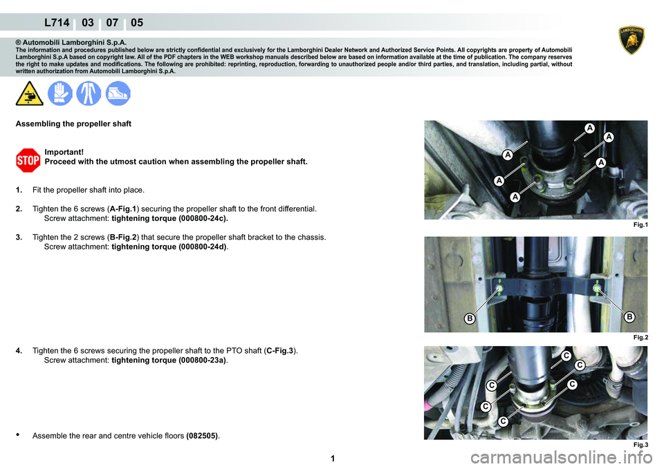 LAMBORGHINI GALLARDO 2009  Workshop Manual  1 
L714    03    07    05
Fig.1 Fig.2 Fig.3
AA
A
A
A
A
CC
C
C
C
C
BB
® Automobili Lamborghini S.p.A.�7�K�H��L�Q�I�R�U�P�D�W�L�R�Q��D�Q�G��S�U�R�F�H�G�X�U�H�V��S�X�E�O�L�V�K�H�G��E�H�O�R�Z��D�U