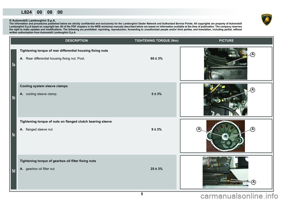 LAMBORGHINI MURCIÉLAGO 2009  Service Repair Manual ���
��D
��E
��F
��G
L824    00    08    00
A
A
AA
A
    
DESCRIPTION TIGHTENING TORQUE (Nm) PICTURE
® Automobili Lamborghini S.p.A.�7�K�H��L�Q�I�R�U�P�D�W�L�R�Q��D�Q�G��S�U�R�F�H�G�X�U�H�V�