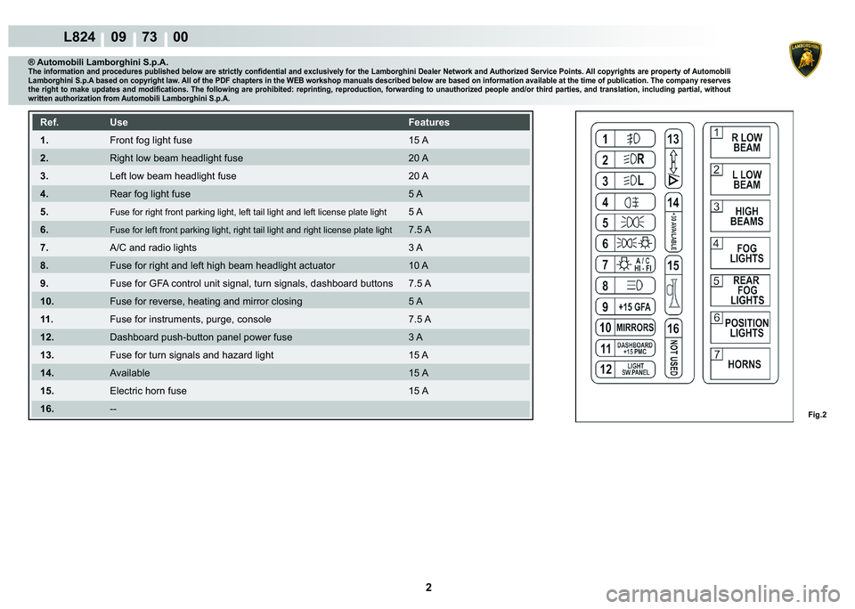 LAMBORGHINI MURCIÉLAGO 2009  Service Repair Manual 2
L824    09    73    00
Fig.2
® Automobili Lamborghini S.p.A.�7�K�H��L�Q�I�R�U�P�D�W�L�R�Q��D�Q�G��S�U�R�F�H�G�X�U�H�V��S�X�E�O�L�V�K�H�G��E�H�O�R�Z��D�U�H��V�W�U�L�F�W�O�\��F�R�Q�¿�G�H�Q�W