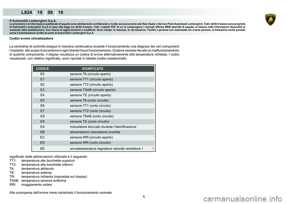 LAMBORGHINI MURCIÉLAGO 2009  Service Repair Manual  1 
L824 10    08 10
® Automobili Lamborghini S.p.A.�/�H��S�U�R�F�H�G�X�U�H��H��O�H��L�Q�I�R�U�P�D�]�L�R�Q�L��S�X�E�E�O�L�F�D�W�H��G�L��V�H�J�X�L�W�R��V�R�Q�R��V�W�U�H�W�W�D�P�H�Q�W�H��F�R�