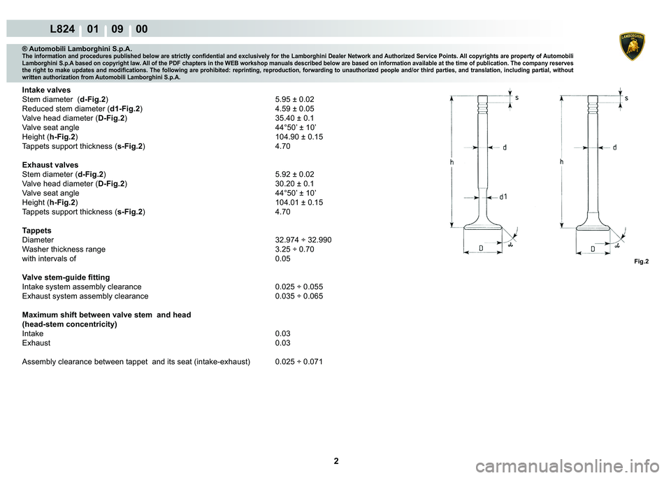 LAMBORGHINI MURCIÉLAGO 2009  Service Repair Manual 2
L824    01    09    00
Fig.2
® Automobili Lamborghini S.p.A.�7�K�H��L�Q�I�R�U�P�D�W�L�R�Q��D�Q�G��S�U�R�F�H�G�X�U�H�V��S�X�E�O�L�V�K�H�G��E�H�O�R�Z��D�U�H��V�W�U�L�F�W�O�\��F�R�Q�¿�G�H�Q�W